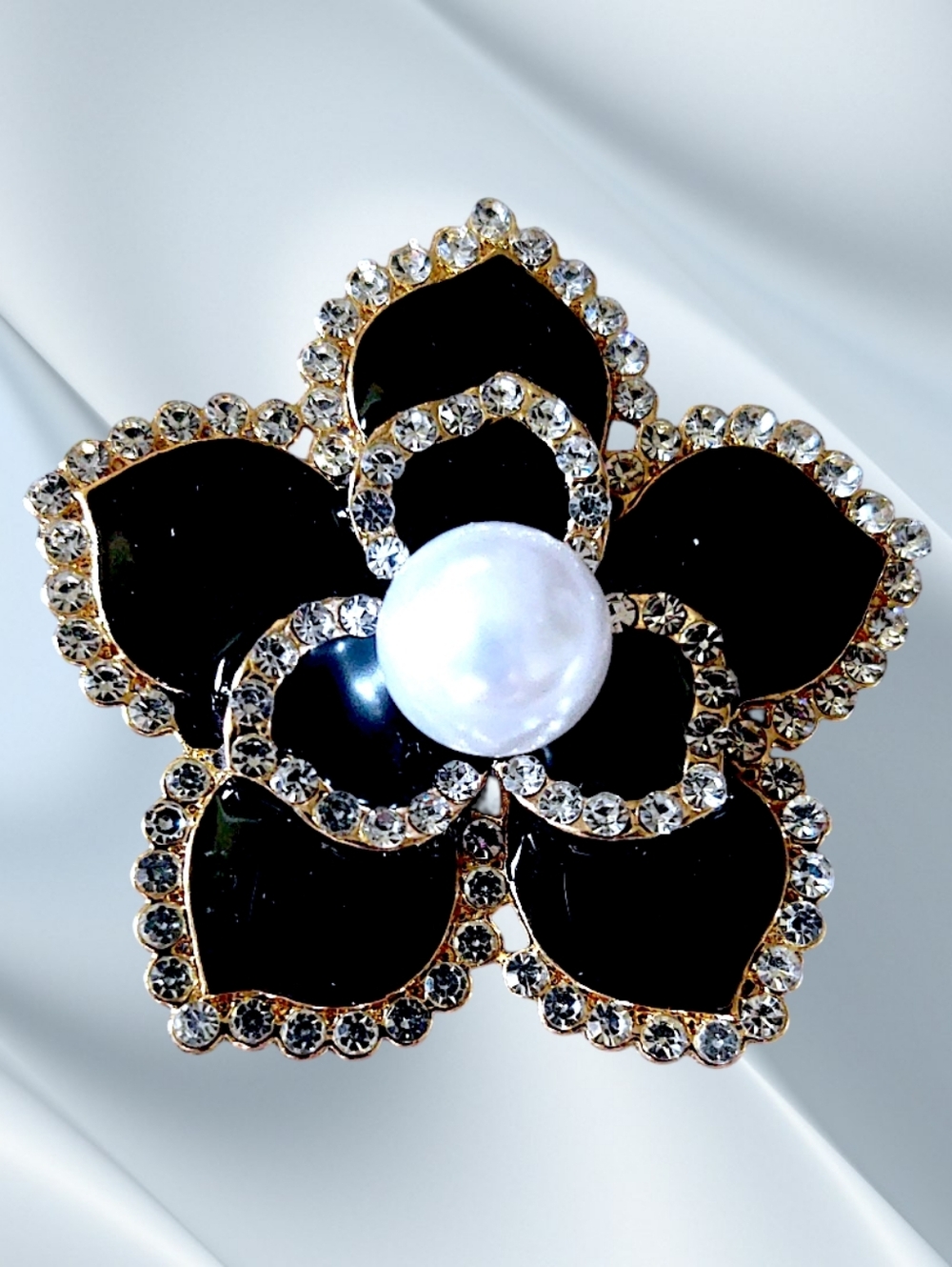 Elegant Black Flower Brooch with Pearl Center